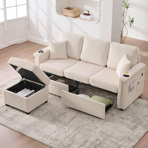 Yihomfy Canapé 3 Places avec Repose Pied Rangement, Canapé d'angle Modulable avec 2 Tiroirs, Porte-gobelets et Poches latérales, Canape en Velours Côtelé, pour Salon Chambre