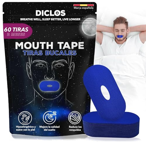 PACK 60 TIRAS BUCALES para Dormir. Mouth Tape for Sleeping. Cinta Bucal Antironquidos. Tapa Bocas para no Roncar. Tape Bucal. Cinta Boca para Dormir. Parches Boca Cerrada. (Azul con Orificio)