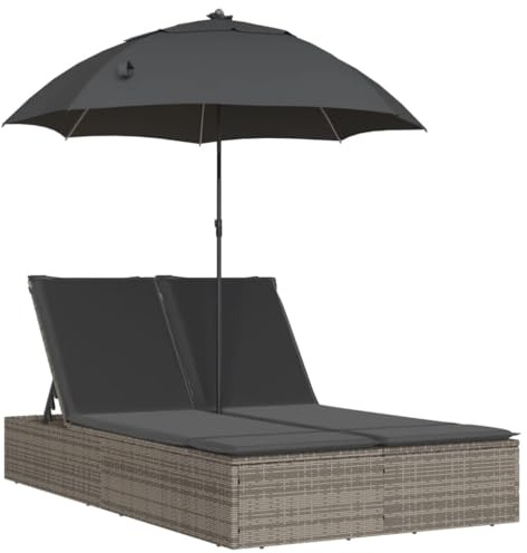 Nqyjm Sdraio da giardino con schienale regolabile in 4 posizioni, doppio lettino da sole con cuscino e ombrellone grigio, in polyrattan, sedia a sdraio da spiaggia, per esterni, per giardino, terrazza