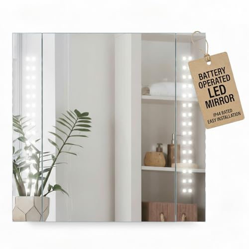 Pebble Grey LED Bathroom Mirror Cabinet 650x600x120mm – Rowan Battery with Rocker Switch, Bathroom Cabinet with Mirror and Light, No Wiring Wall Mounted Medicine Storage Unit for Toiletries and Towels