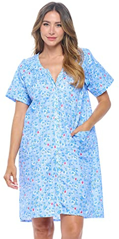 Casual Nights Womens Snap Front House Dress Short Sleeve Woven Housecoat Duster Lounger Robe, Garden Blue, X-Large