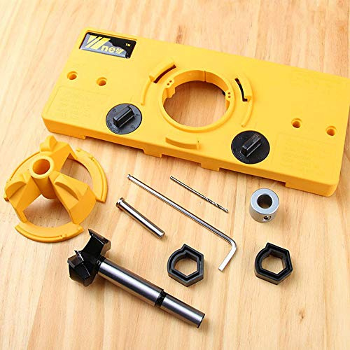 35mm Hinge Hole Saw Jig Drilling Guide, Locator Hole Opener Template & Bit Positioner Tool, Forstner Drill Set Tungsten Carbide Woodworking Hinge Holes Cutter with Depth Stop(Yellow)