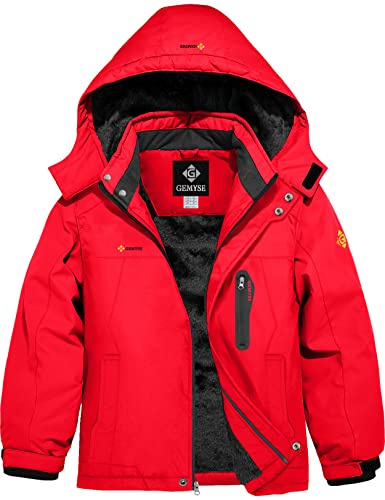 GEMYSE Chaqueta de Esquí para Niño Abrigo de Nieve Invierno Cortaviento con Capucha y Forro Acolchado(Rojo,128-134)