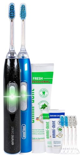 emmi-dent 96 Mio. Schwingungen Metallic - elektrische Ultraschall Zahnbürste ohne Schrubben I Für empfindliche Zähne & Zahnfleisch I 12 Tage Akkulaufzeit mit Zahnpasta - Family-Set Black Diamond+Blau