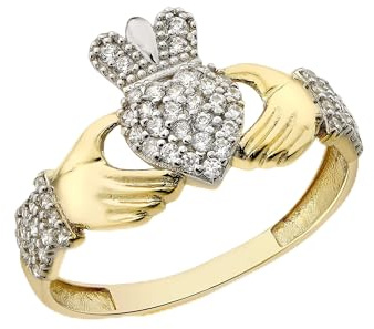 CARISSIMA Anello Claddagh 11,5 mm con CZ in Oro Giallo 9ct Misura O