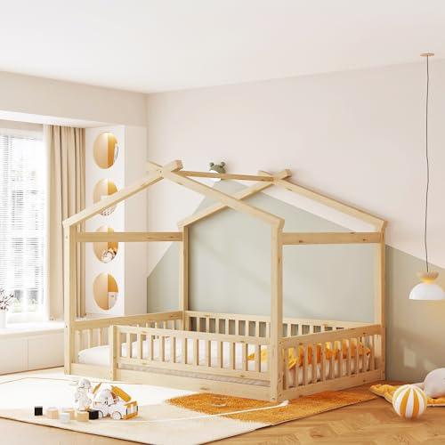 Merax Full Size Wooden House Bed with Fence, Wood Bed Frame with Roof and Safety Guardrail for Kids, Teens, Boys or Girls, Natural