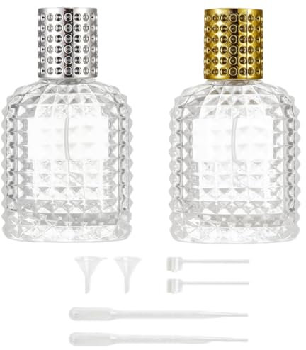 MEETOZ 2 Pack Refillable Spray Bottles Perfume Atomizer, Clear Glass Empty Fine Mist Spray Bottle, Portable Perfume Mist Spray Bottle Travel Perfume Dispenser (50ML, Gold & Silver)