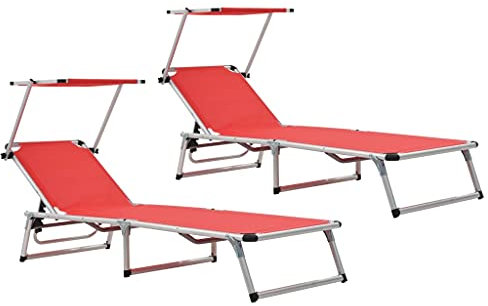 Youuihom Strandstühle Stühle für die Terrasse Stühle für draußen Klappbare Sonnenliegen mit Dach 2 STK. Aluminium Textilene Rot Geeignet für Terrasse, Bistro, Balkon, Garten, Swimmingpool