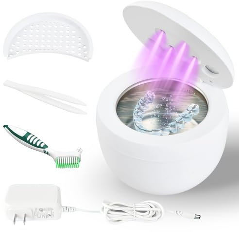 Nettoyeur Ultrasons 45kHz Nettoyeur Ultrason Appareil avec Lampe UV Nettoyeur Bijoux Ultrasonique Bac a Ultrasonic Cleaner Pour Prothèses Dentaires Gouttière Dentaire Aligneurs Retainer Bijoux 200ml
