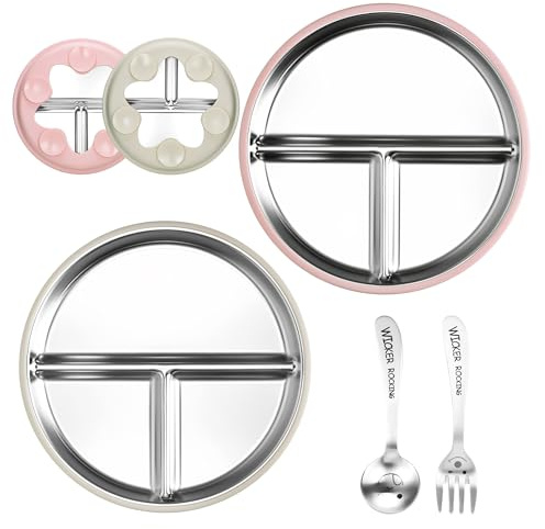 Huiguli 2 Piezas Plato de Acero Inoxidable 304 Infantil, 23 cm Platos Divididos Con Ventosa, Plato Bebe Con Cuchara y Tenedor, Juego de Vajilla Para Niños, Sin BPA