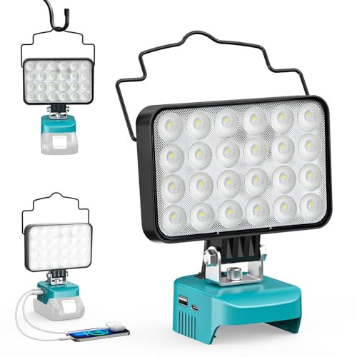 LIVOWALNY Faro LED compatibile con batteria Makita 18V, 78W 7800 lumen – Faretto portatile da cantiere con porte USB-A e Type-C, ideale per campeggio, esterni e officina (senza batteria)