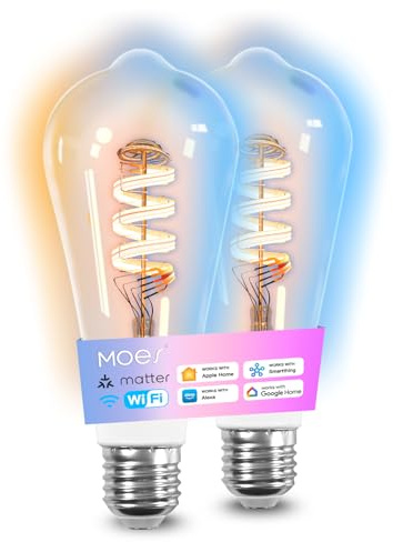MOES Matter Smart Alexa Glühbirne E27 Vintage, WLAN RGB LED Lampe, Dimmbar, 5W, 2700K–6500K Warm- & Kaltweiß, Edison Filament, 16 Mio. Farben, Apple Home,Alexa & Google Home, 2 Stück
