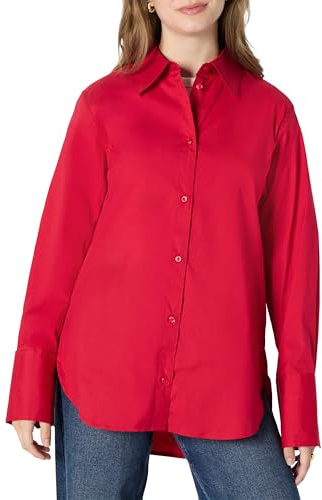 Amazon Essentials Camicia Elegante Button-Down in Popeline di Cotone Elasticizzata vestibilità Oversize Donna, Rosso, L