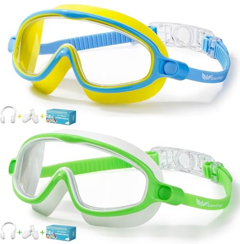AzureWings 2 Pack Swim Goggles for Kids, No Leak Anti-Fog Anti-UV Swimming Goggles for Boys Girls Children 4-14 (Blue Yellow & Green White)