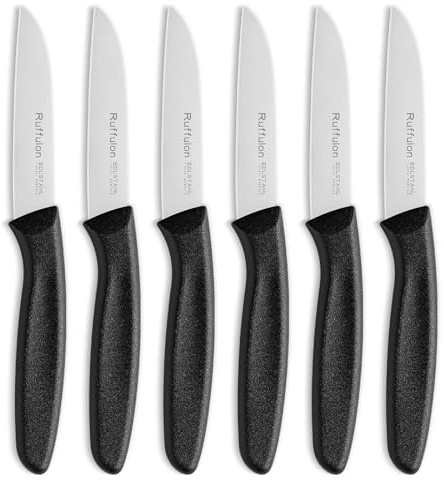 Ruffulon Classic Non-Stick Paring Knife Set, 6 pcs，Stainless Steel，8 cm，Straight Edge, Extra Sharp, Pointed Tip，Robust Plastic Handle，for Fruit and Vegetables，Black