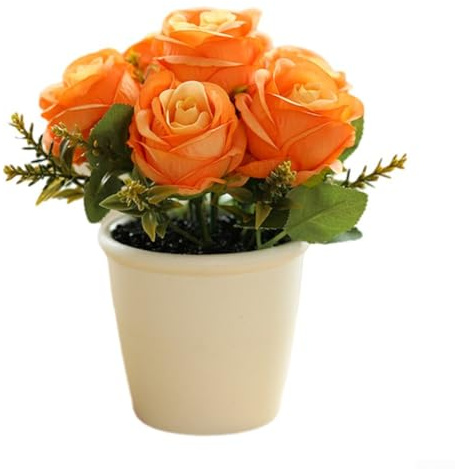 KHIronHive Artificial Rose Flower Small Tree In Pot – Lifelike Potted Plant With Plastic And Silk Blooms For Wedding, Party, Home, Office, Restaurant Or Garden Decoration, 18X10x8cm(Orange)