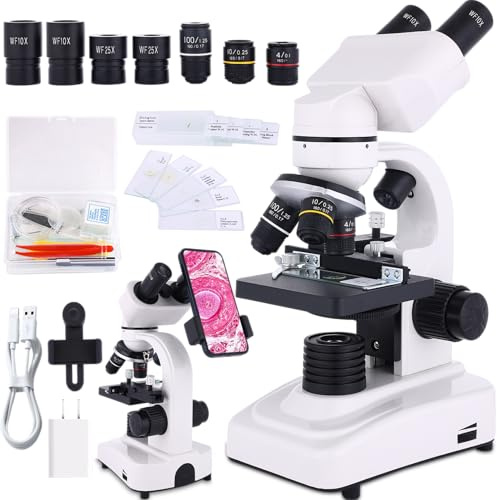 Microscopio binoculare per adulti e bambini, 40-2500X, per scuola, laboratorio e scuola domestica, con palchi meccanici, set di diapositive e supporto per telefono