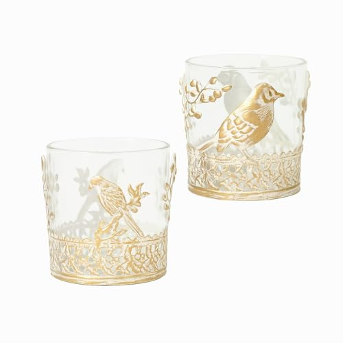 Set of 2 Rose Gold Candle Holders Bird Design Glass Whitewashed Metal Detailing Fits 6cm Candles Vintage Home Décor Gift