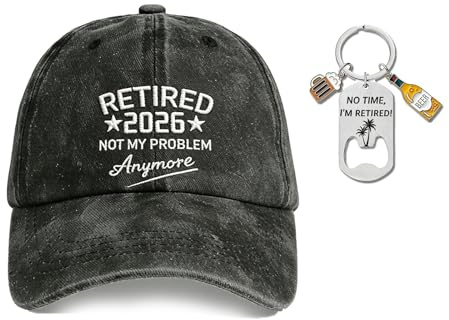 poweybshin Retired Gifts, Retirement Gifts for Men 2026, Funny Cap and Bottle Opener Keychain Set, Washed Denim Baseball Hat, Happy Retirement Presents for Dad Grandad Boss