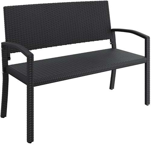 Yaheetech Banco Jardin Exterior Banco Terraza Ratán con Respaldo y Reposabrazos Negro Resistente Intemperie 121,5 × 62 × 89 cm