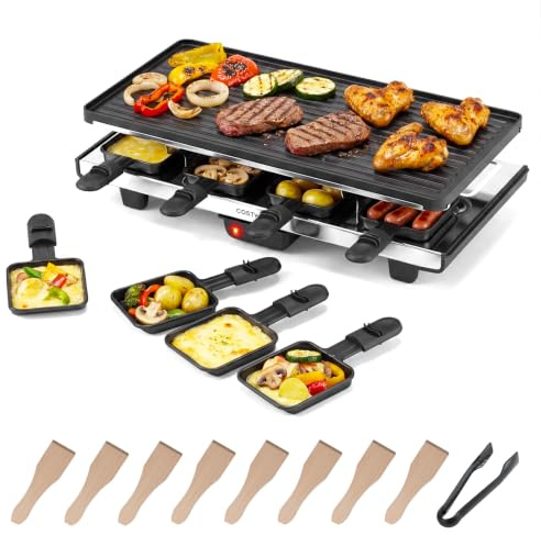 COSTWAY Parrilla Raclette para 8 Personas, 1400W, Placa Antiadherente Rever