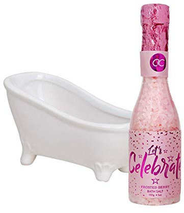 Badesalz rosa „Celebration in Keramik Badewanne - Badezusatz Sektflasche, Badekristalle rosa, Welln