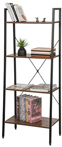 eSituro Scaffale Libreria a Scala Scaffale Porta oggetti in Acciaio Legno 4 Ripiani Design Industriale Scaffalatura Multifunzionale per Cucina Soggiorno Nero+Noce SSTR0053
