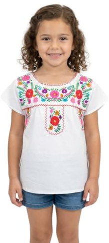 Traditional Puebla Mexican Youth Girl Embroidered Blouse Size 4-14 White