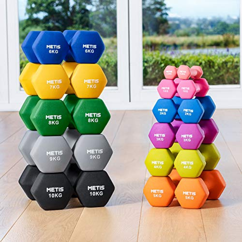 METIS - Par de mancuernas hexagonales de neopreno con agarre antideslizante – Diseño ergonómico para entrenamiento de fuerza y entrenamientos en casa – Disponible en múltiples opciones de peso (par de