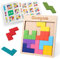 Coogam Holz Tangram Puzzle Muster blockiert Brain Teasers Spiel mit 60 Herausforderungen, 3D russische Gebäude Spielzeug Holzform Puzzles Montessori STEM Lernspielzeug Geschenk für Kinder Erwachsene
