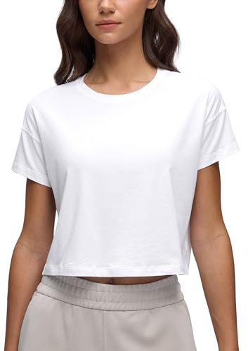 CRZ YOGA Pima Cotton Relaxed Crop T-Shirts for Women - Workout Athletic Gym Casual Short Sleeve Shirts Loose Crewneck Tops White Medium
