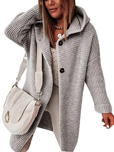 Osheoiso Femme Chic Pull à Capuche Chaud Veste Décontracté Cardigan Sweat Femme Manches Longues Hiver Veste Couleur Unie Ample Veste Élégante Tricot Manteau Casual A Gris M