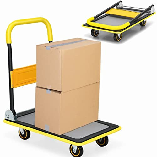 GiantexUK Folding Hand Sack Truck, 150KG/300KG Capacity Heavy Duty Platform Trolley with Wheels & Handle, Flatbed Dolly Cart for Home Office Shop Garage Warehouse (73x49x83cm, 150KG, Yellow+Black)