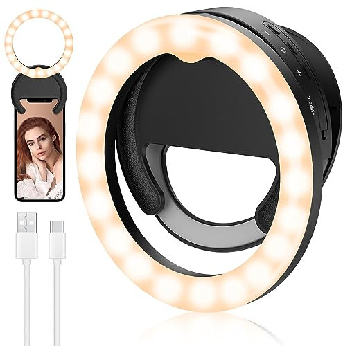RealPlus Aro de Luz para Movil[Giratorio], Regalos para Mujer, Selfie Ring Light Recargable con Clip&40 LED, Regulable, Anillo Luminoso para Foto, Vídeo, Tableta, Portátil, iPhone, TikTok - Negro
