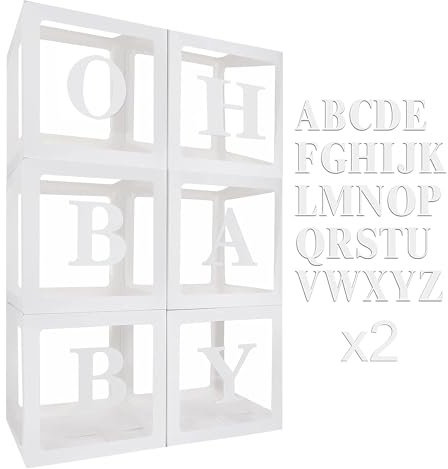 6 cajas de globos para decoración de baby shower, cajas de globos transparentes blancas con letras de la A a la Z, caja de baby shower para fiesta temática de niña y niño, suministros de decoración de