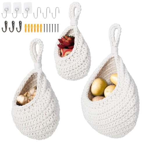 HonGien 3 Stück Hängende Wandkörbe, Wand Gewebt Lagerung Korb mit Haken, Wandkorb Teardrop Hängenden Korb, Hängende Körbe Küche für Lebensmittel Aufbewahren, Räume Dekorieren (Weiß)