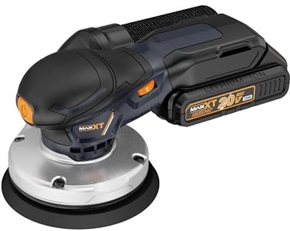 MAXXT Lijadora excéntrica sin escobillas de 2.5 mm - inalámbrica, batería de 20V de iones de litio (2.0Ah), velocidad variable de 4000-10000 rpm, incluye 10 pape de lija (125mm)