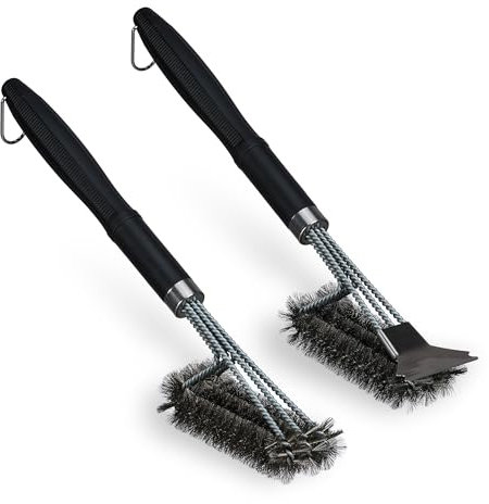 Relaxdays Set of 2 Grill Brushes Grillbürste Edelstahl 2er Set, Grillrost-Bürste mit Schaber, 45 cm lang, Profi Drahtbürste dreireihig, schwarz