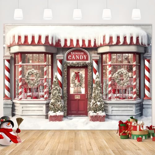 AIBIIN Toile de fond pour photographie de Noël 2,1 x 1,5 m - Arrière-plan pour décor de magasin de bonbons, neige, arbre de Noël, décor de fête d’hiver, portrait de famille