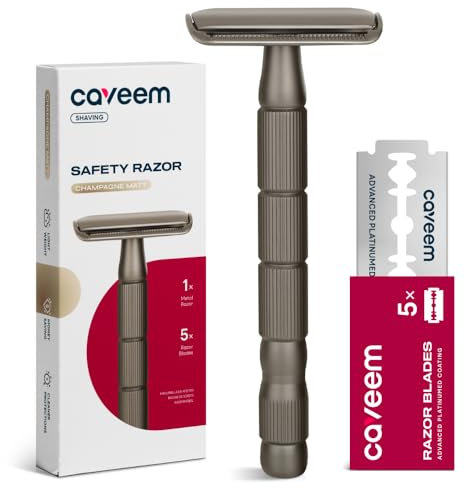 CAVEEM Rasierhobel mit zwei Klingen, Einklingenrasierer mit 5 Rasierklingen aus Edelstahl für Männer und Frauen, wiederverwendbarer Rasierer aus Metall – Champagner matt