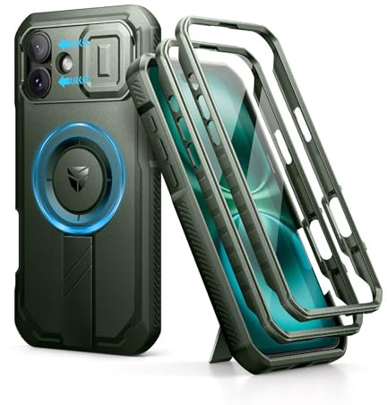Dexnor pour Coque iPhone 16 Plus Magnétique avec Couverture de Caméra Coulissante & Support Réglable & Film de Protection D'écran Intégré, Boîtier de Résistant aux Pare Chocs Robuste - Vert Militaire