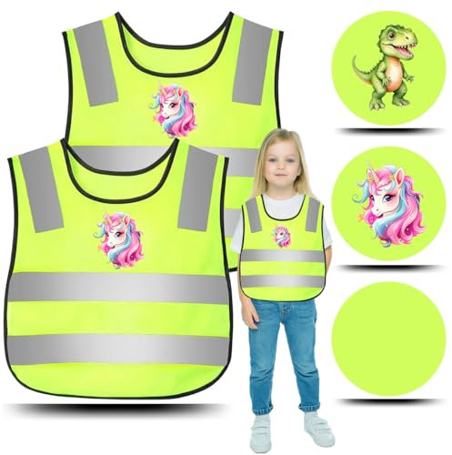 QIMMU Warnweste Kinder, 2PCS Sicherheitsweste Kinder, Kinder Warnweste, Kinderwarnweste, 360 Grad Reflektorweste Kinder, Warnweste Kinder Dino Einhorn für Den Schulweg, Radfahren, Laufen (Einhorn)