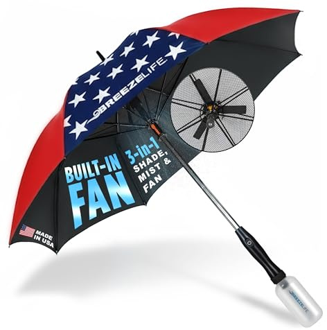 Breeze Life Original Mister Breeze (American Flag Design) – Sun Umbrella with Fan and Mist Spray – Portable Fan Umbrella with Mister, 41 UV Shade, 3–4 Hr Runtime – Ideal for Festivals, Beach & Sports