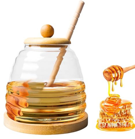 WANDGU Honigglas: 1 Stück 500ML Borosilikatglas Honigglas Mit Löffel & Holzdeckel, Versiegelter & Weithals-Honigbehälter für Küchenaufbewahrung (Transparent)