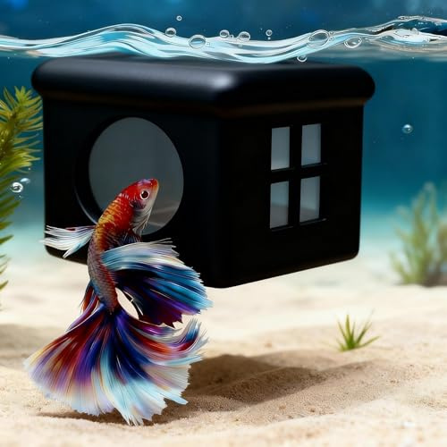 CPLIKE Black Floating Betta Fish Hideout with Window – Sleek 3D Fish Breeding Box & Shelter – Floating Feeding Platform for Betta Tanks – Rest Cave Decor for Small Aquariums (3.67x2.87x2.16)