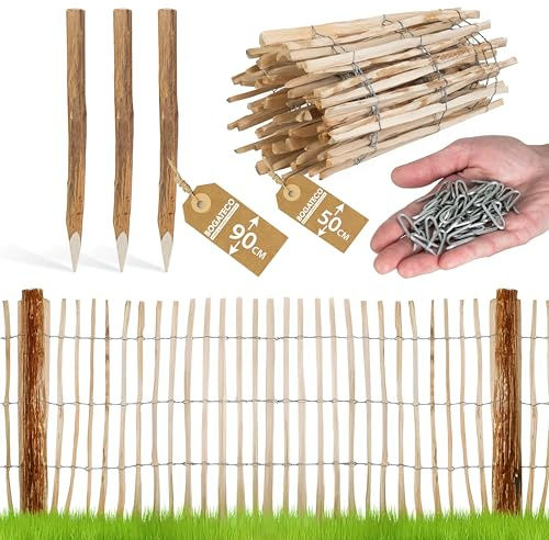 BOGATECO Valla de estacas de madera de avellana, 50 x 500 cm, con postes de 90 cm, distancia entre láminas de 7 a 8 cm, perfecta como valla de jardín, valla de madera, postes duraderos