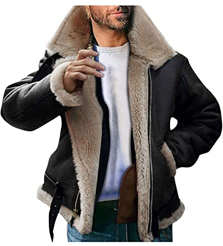 Generisch Giacca bomber da uomo invernale foderata con collo in pelliccia, giacca in pelle, vintage, giacca da aviatore, in ecopelle, termica, capispalla, O nero., L
