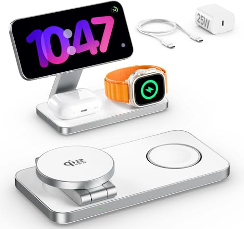 EXW Qi2.2 25W Cargador mag-Safe Cargador Inalámbrico, Estación de Carga Plegable Wireless Charger para iPhone 17 16 15 14 13 12, Apple Watch 11-4/Ultra/SE, AirPods, con 35W Adaptador