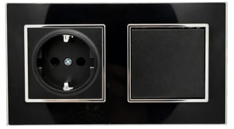 Jandei - Enchufe Schuko 2P+T 16A y Interruptor Conmutador, 230V, Decoración Elegante Pared Interior, Fácil de Instalar, Incluye Marco y Mecanismo, Cristal Templado Color Negro