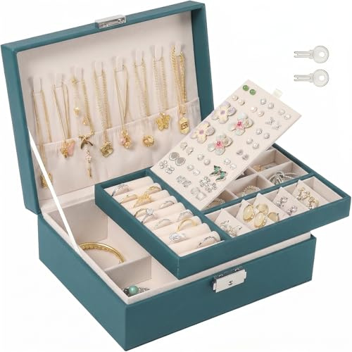 WRSION Jewellery Box Organiser, 2 Layer Jewelry Organizer with 2 Keys, Large PU Leather Jewelry Storage Case with Removable Tray for Rings Earrings Necklace, Jewellery Box for Women Girls (Green)